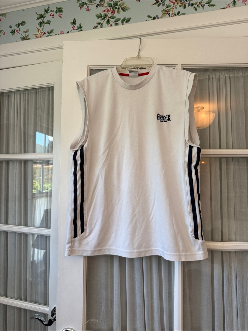 White Sleeveless Athletic Tee with Navy Stripes